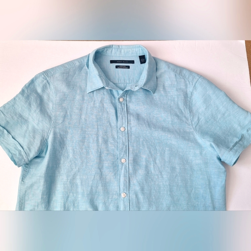 Perry Ellis Linen Blend Shirt Button Up Short Sleeve Turquoise Aqua Blue Mens L
